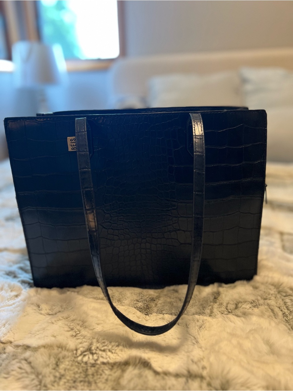 BEIS Black Croc-Embossed Tote